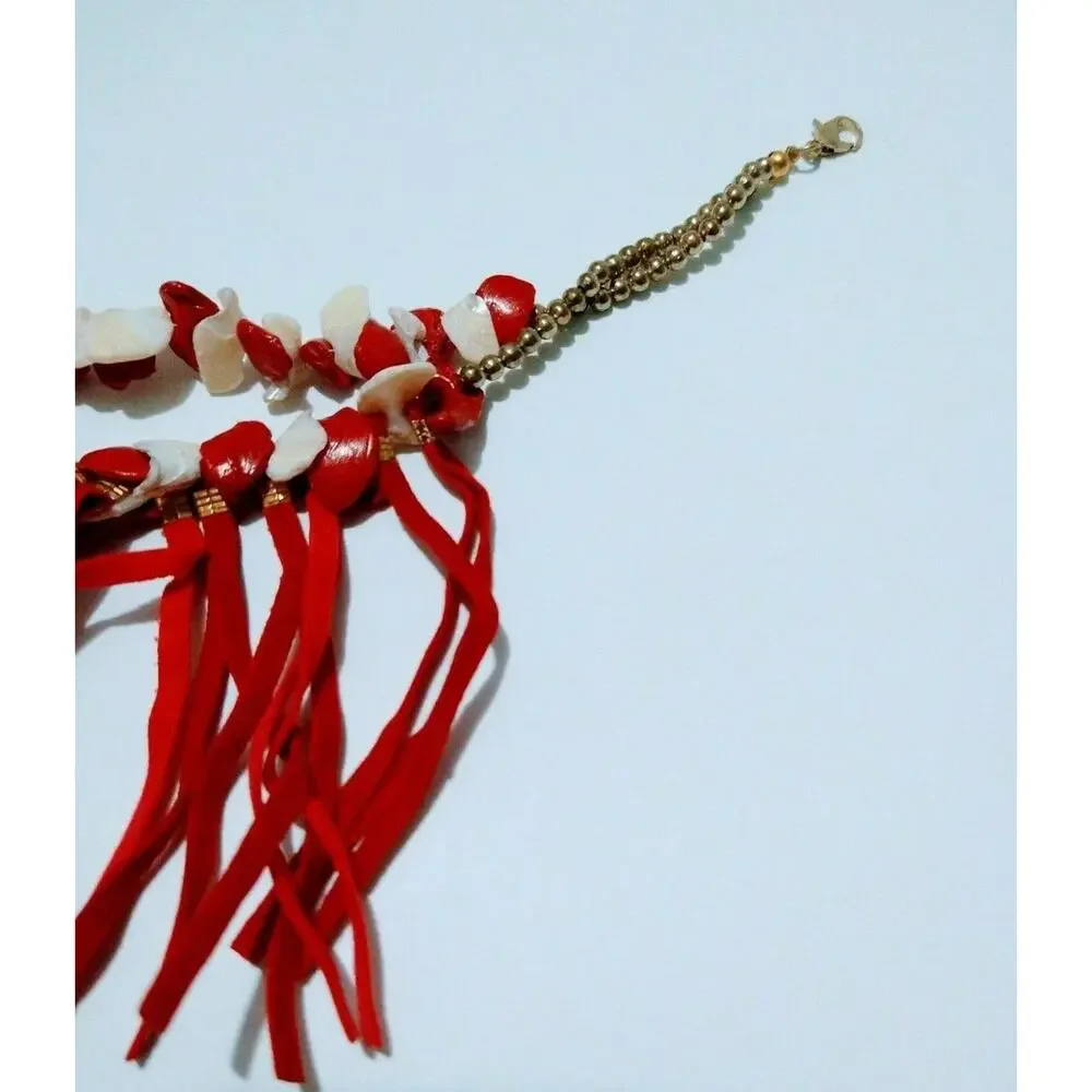 Mia Necklace Red Suede Fringe &‎ Shell Statement Bib Adjustable Gold Tone Detail